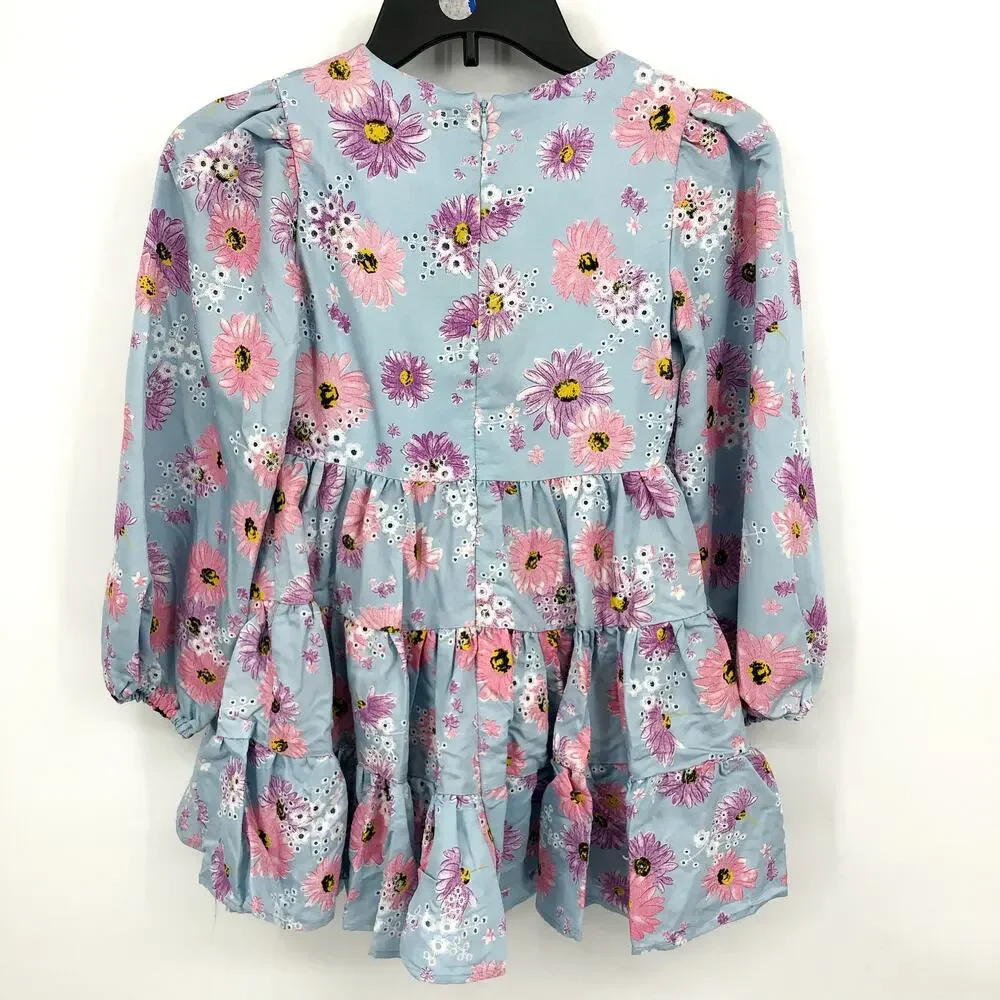 BARDOT Girls Ella Broderie Dress Size 8 Blue Floral Size Long Sleeve NWT